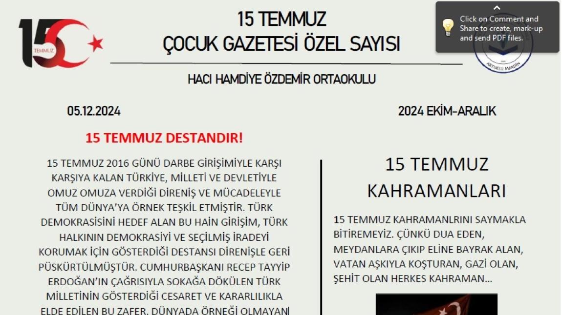 15 TEMMUZ ÇOCUK GAZETESİ ÖZEL SAYIMIZ